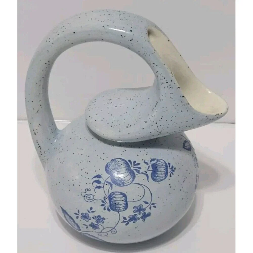 Unusual Pitcher Creamer Honey Pot Blue Speckled W Pumpkins Flowers Marked MPS 6